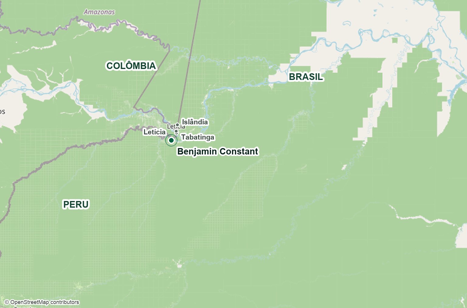 Mapa da tríplice fronteira entre Brasil, Peru e Colômbia, com Benjamin Constant em destaque, Tabatinga, Letícia e Islândia